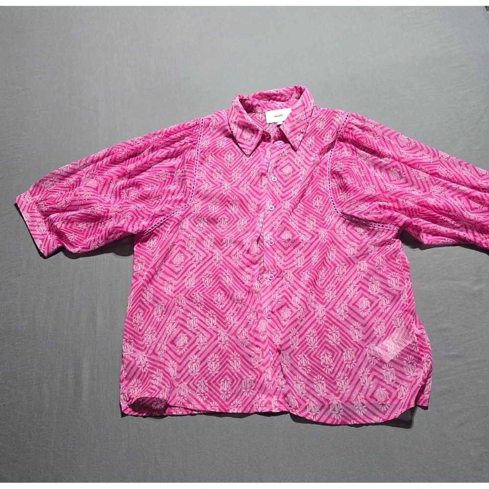 Shoeby Chiffon Blouse Womens Medium Pink Geometric Print Puff Sleeve Button Down